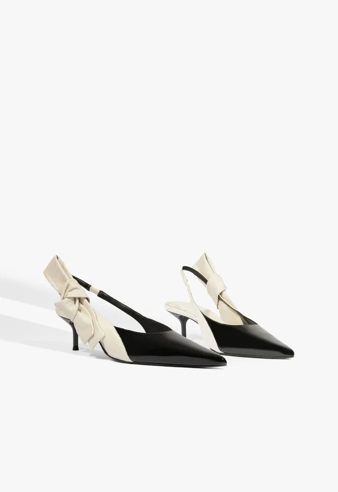 Scarpin Slingback Lior Bow Laço Couro Preto e Branco