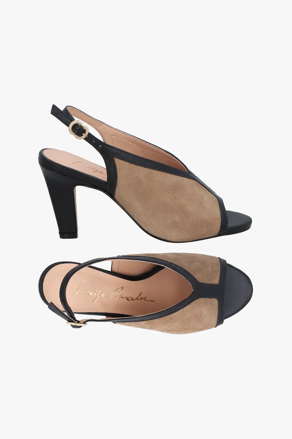 SANDÁLIA PEEP TOE FLARE EM COURO PRETO E CAMURÇA BEGE FENDI
