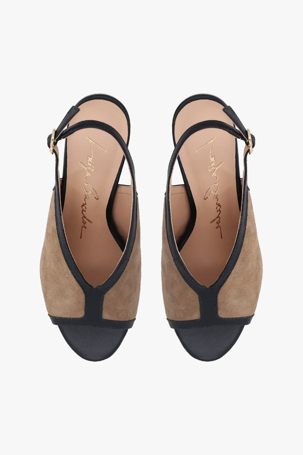 SANDÁLIA PEEP TOE FLARE EM COURO PRETO E CAMURÇA BEGE FENDI
