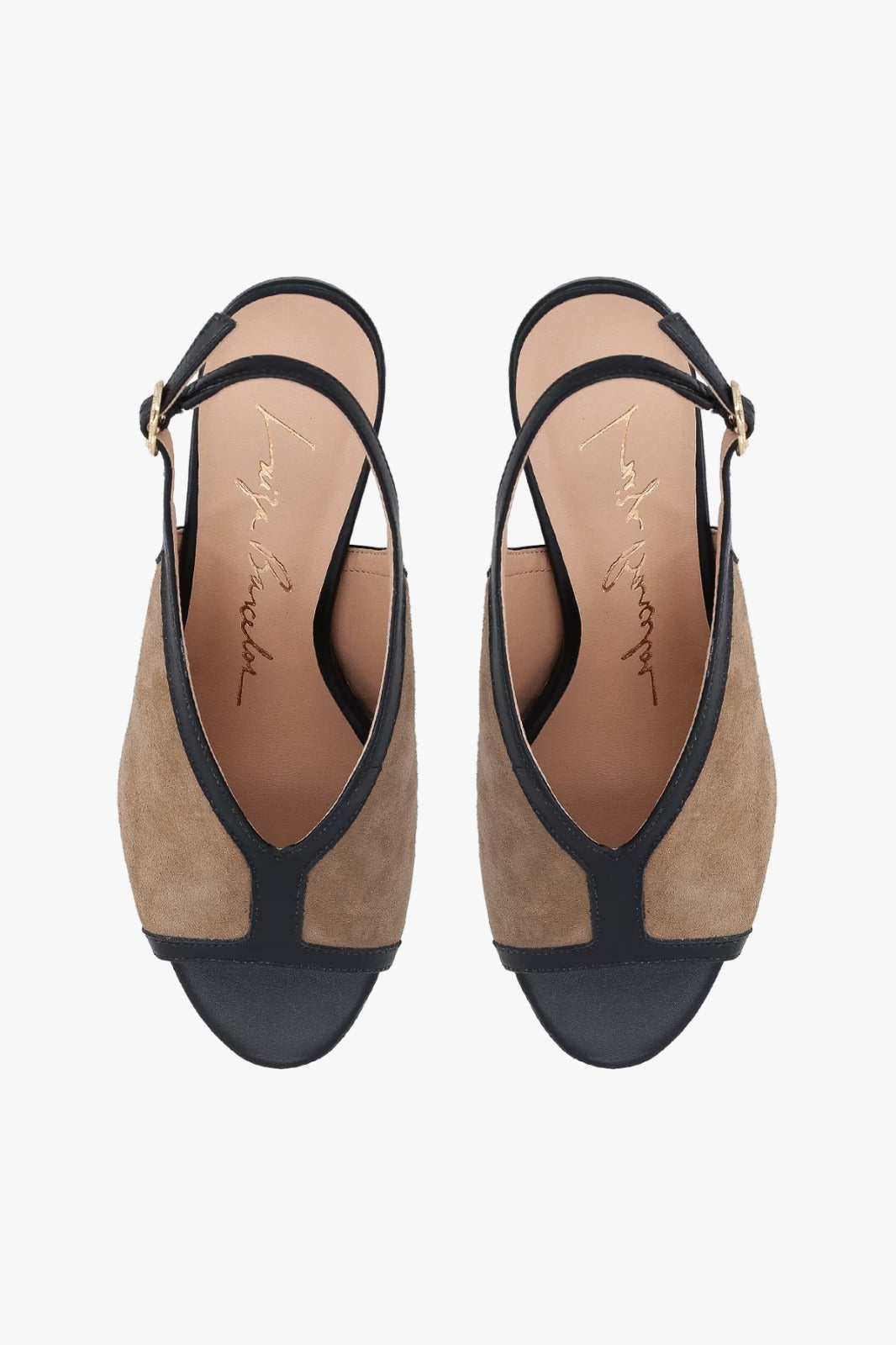 SANDÁLIA PEEP TOE FLARE EM COURO PRETO E CAMURÇA BEGE FENDI