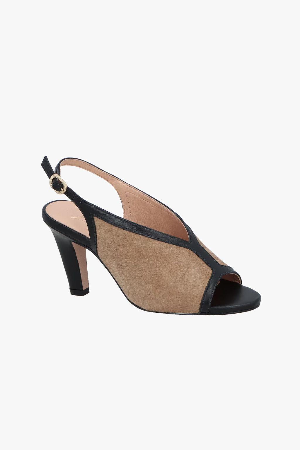 SANDÁLIA PEEP TOE FLARE EM COURO PRETO E CAMURÇA BEGE FENDI