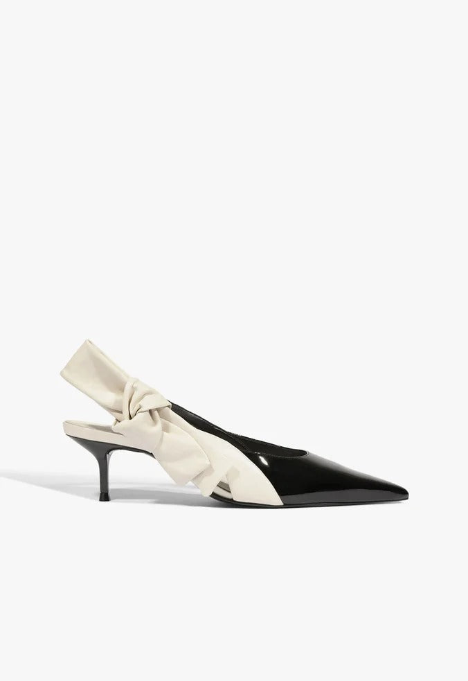Scarpin Slingback Lior Bow Laço Couro Preto e Branco